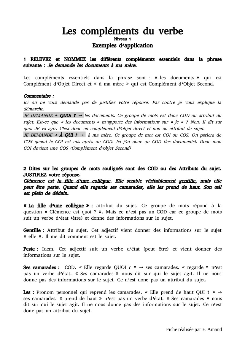 Les compléments du verbe - Niveau 1 - Exempels d'application