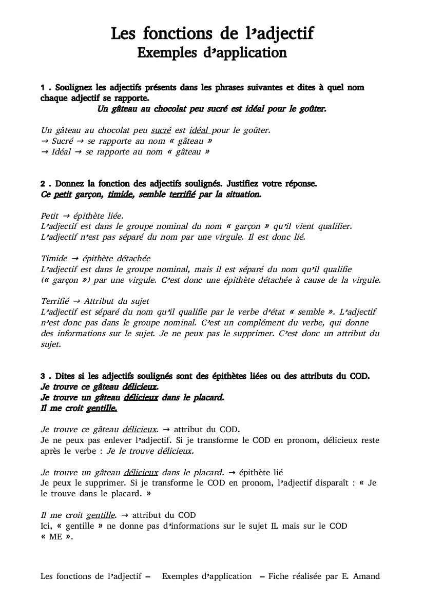 Les fonctions de l'adjectif - Exemples d'application