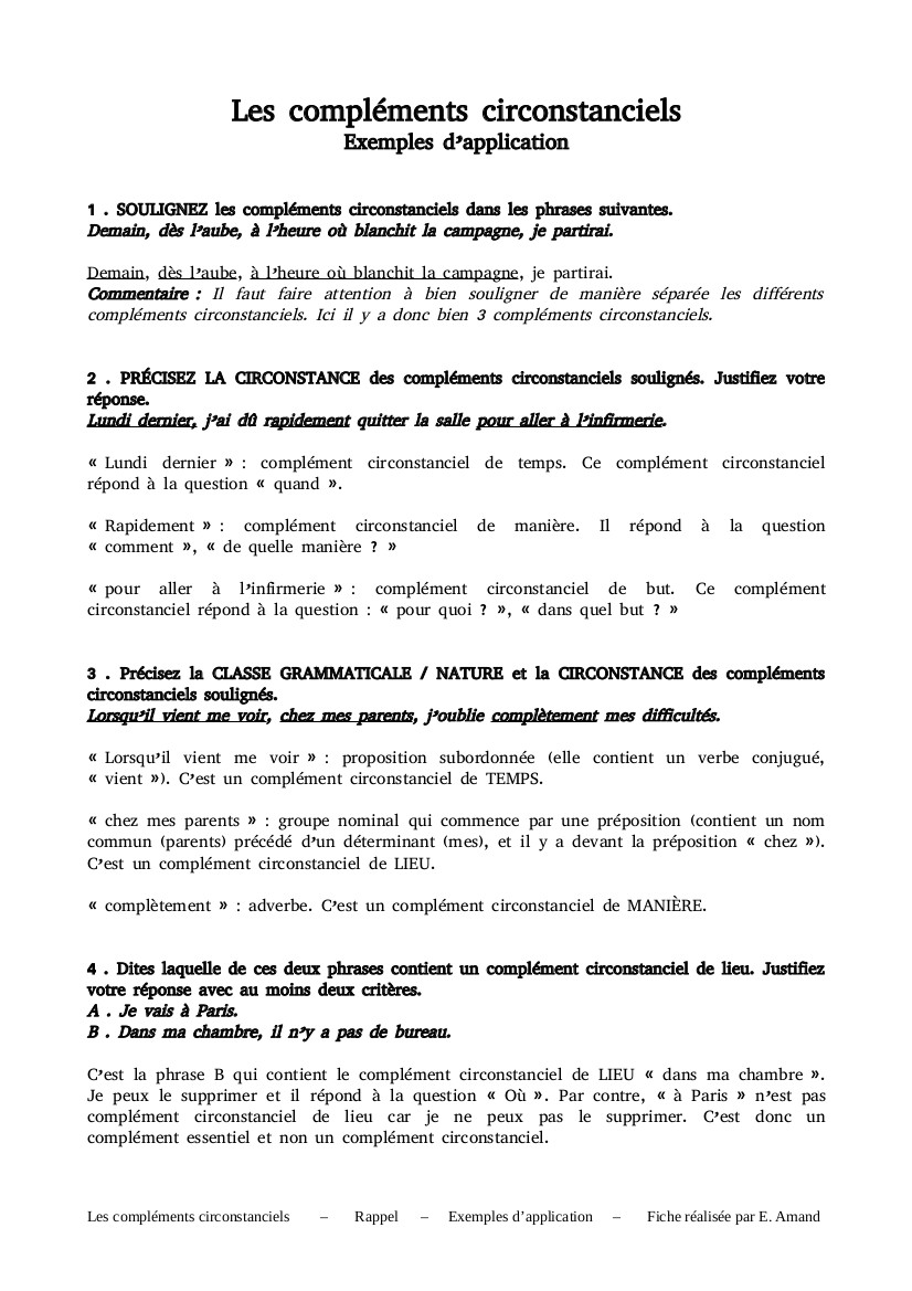 Les compléments circonstanciels - Rappel - Exemples d'application