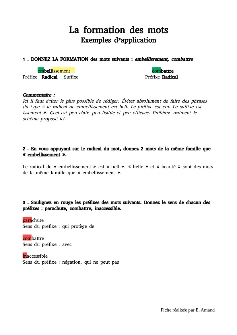 La formation des mots - Exemples d'application