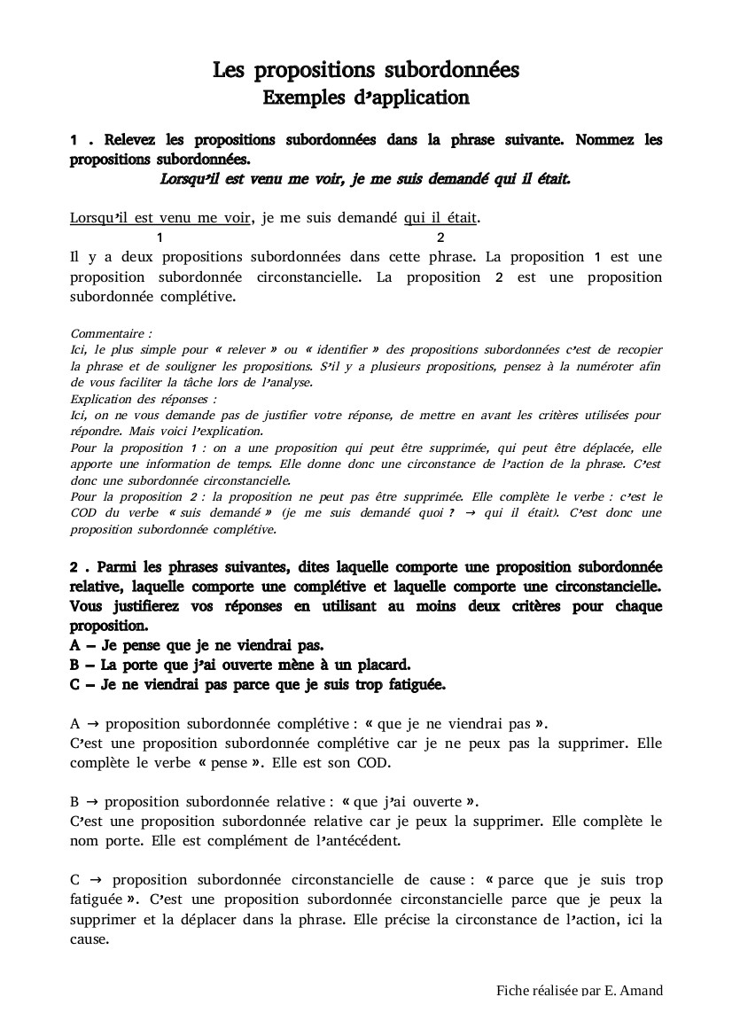 Les propositions subordonnées - Exemples d'application