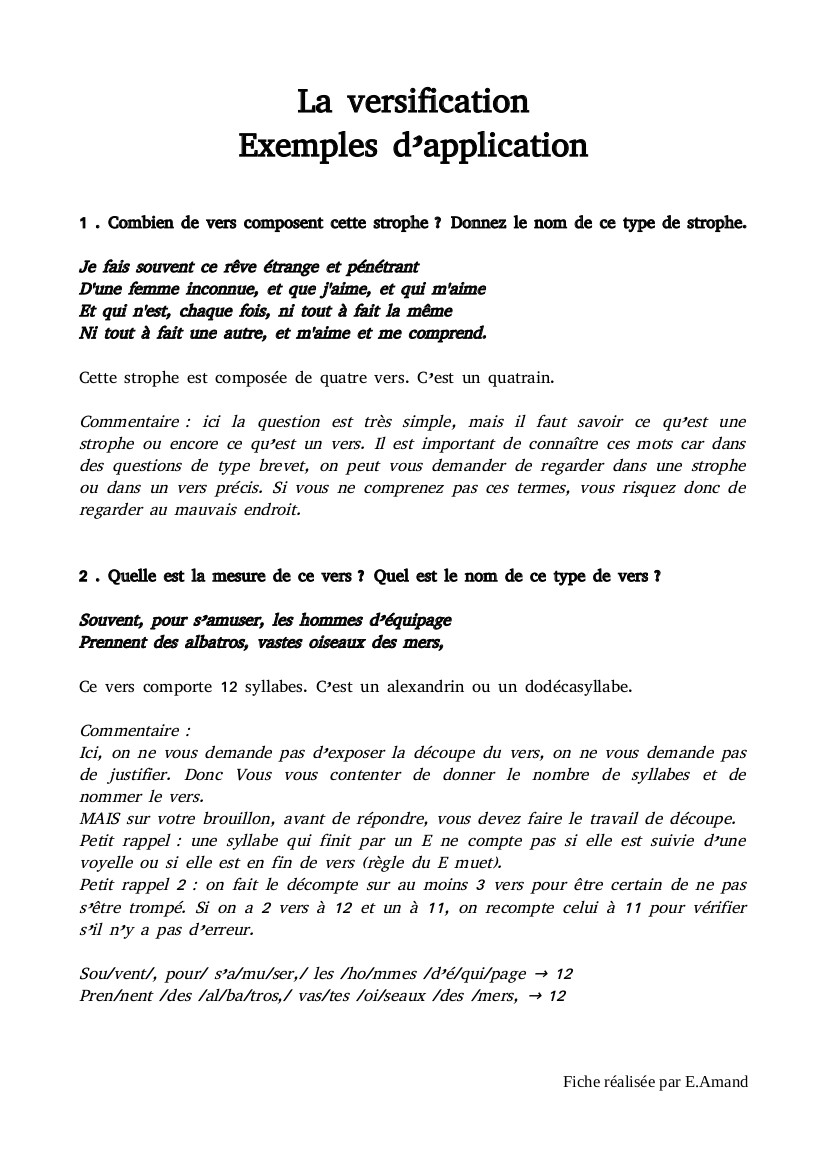 La versification - Exemples d'application
