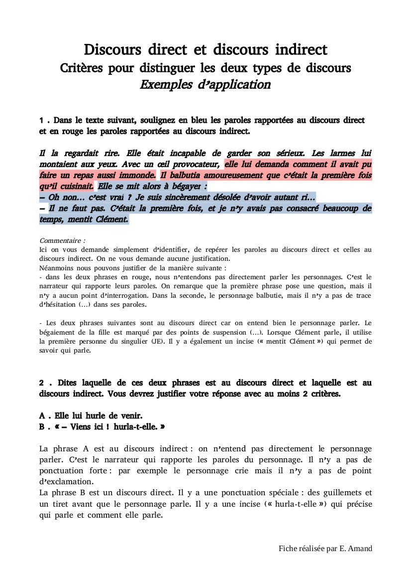 Discours direct et discours indirect - Identification - Exemples d'application